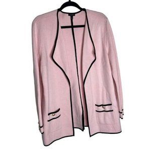 Talbots Open Front Cardigan Pink Black Trim Pocket Gold Buttons Size Large